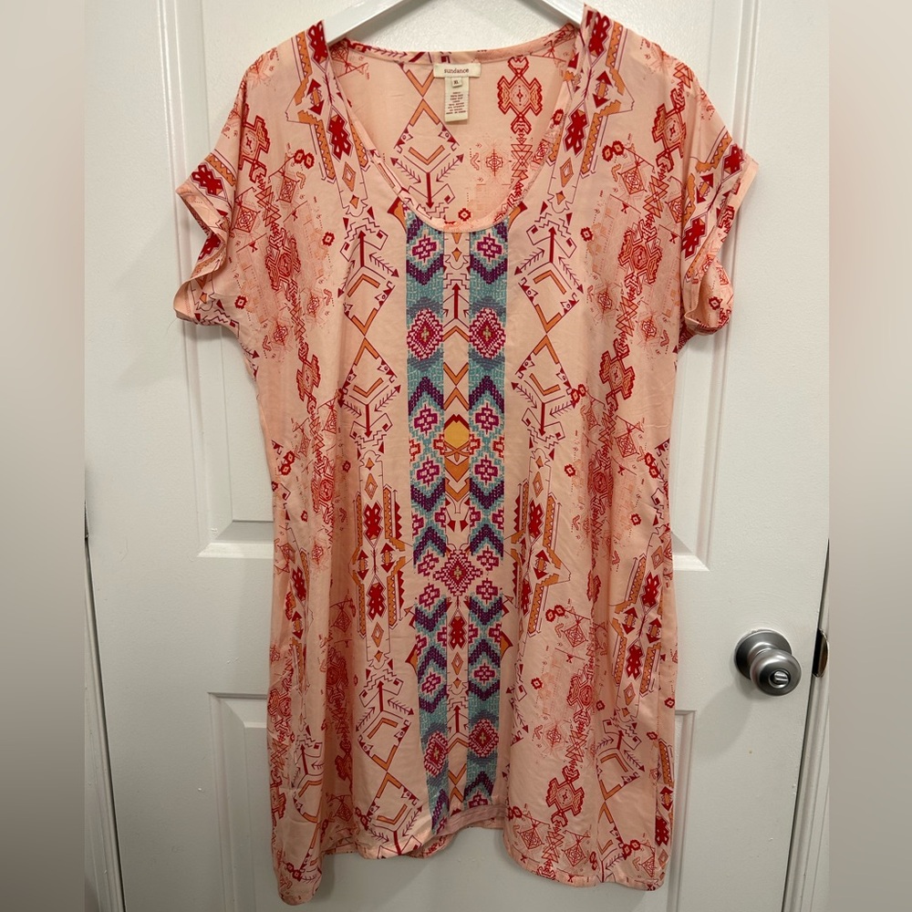 Sundance XL Tunic Mini Dress Silk Southwestern Print Light Pink Summer Relaxed